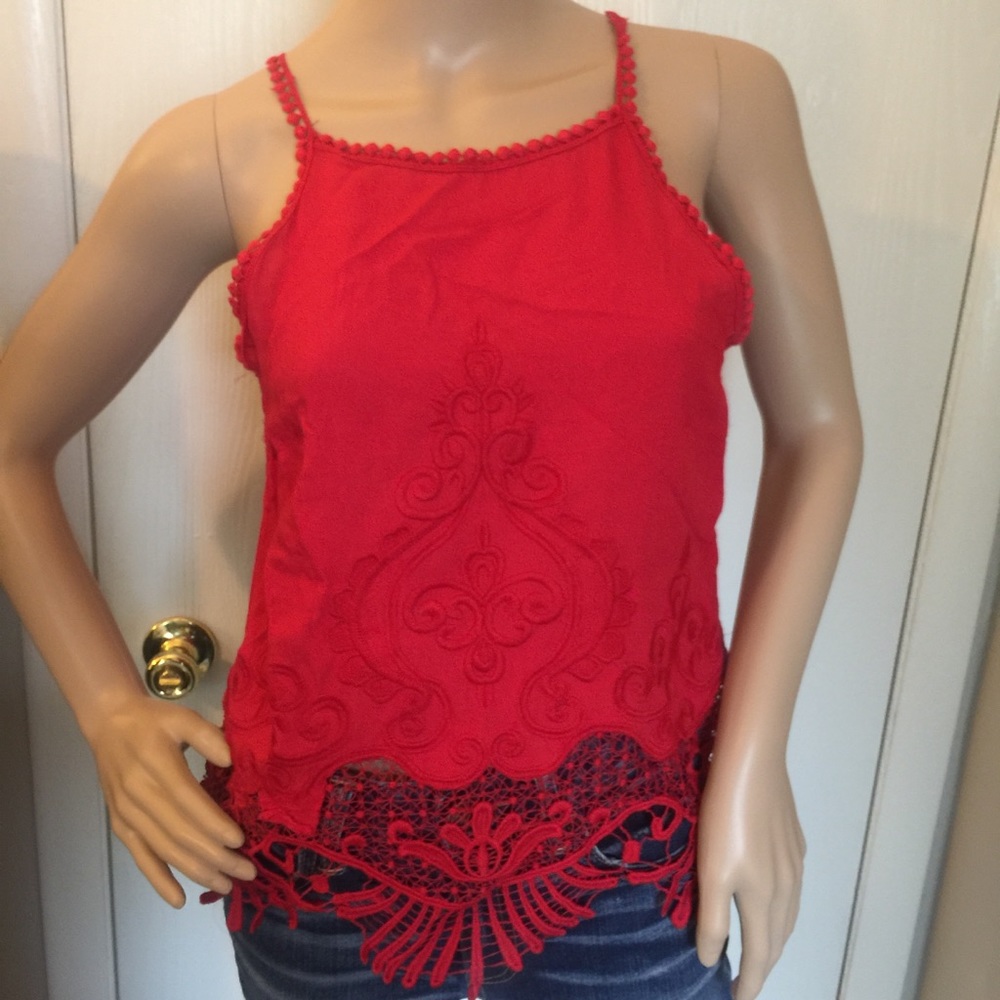 Red Lace Crochet Embroidered Boho Halter Top